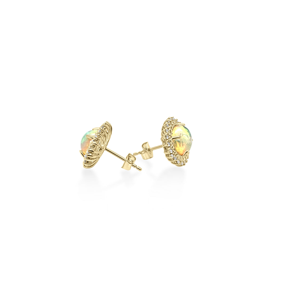 2.17 Cts White Opal and White Diamond Center Design Stud Earring in 14K Yellow Gold