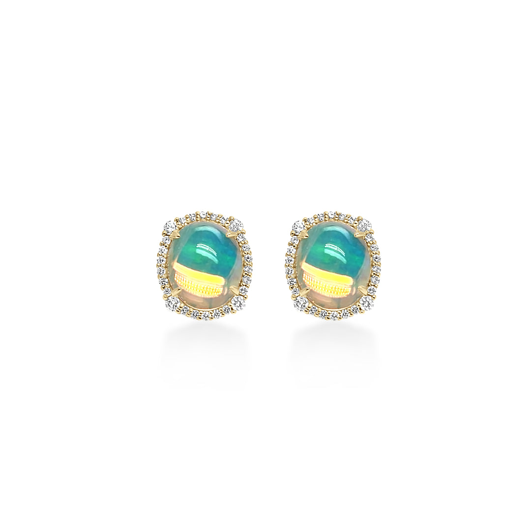 5.83 Cts White Opal and White Diamond Center Design Stud Earring in 14K Yellow Gold