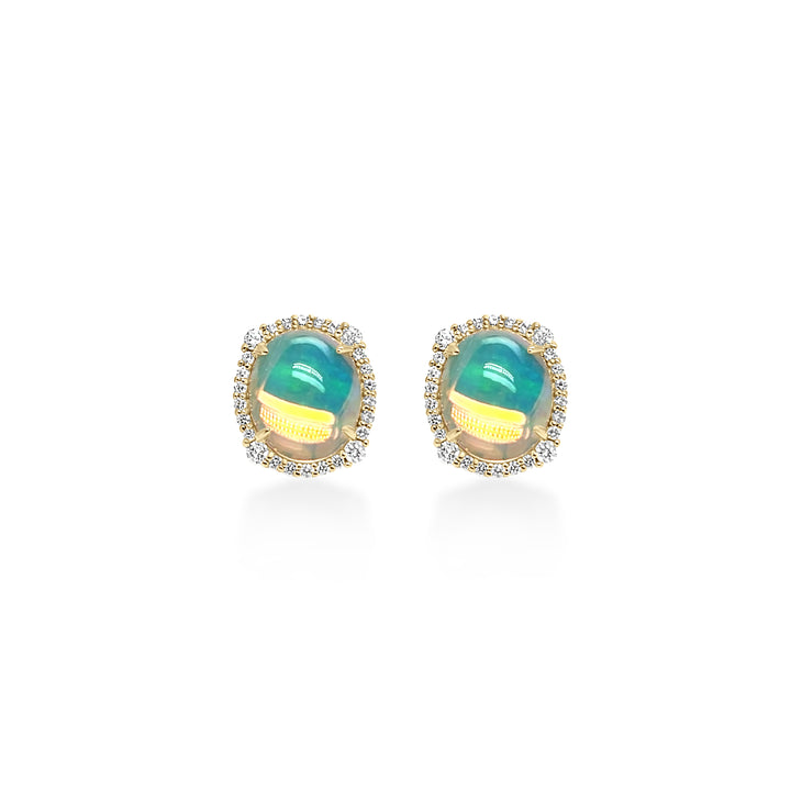 5.83 Cts White Opal and White Diamond Center Design Stud Earring in 14K Yellow Gold