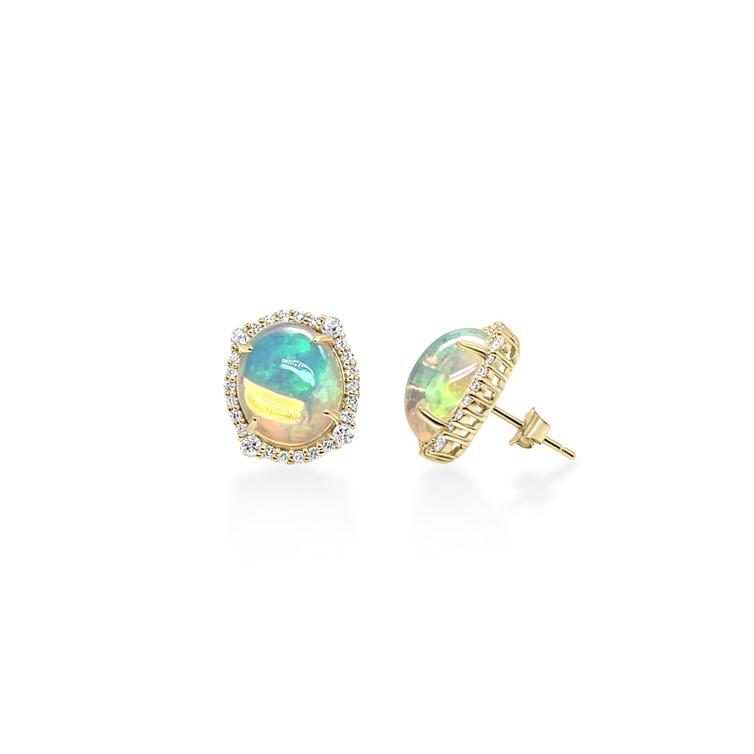 5.83 Cts White Opal and White Diamond Center Design Stud Earring in 14K Yellow Gold