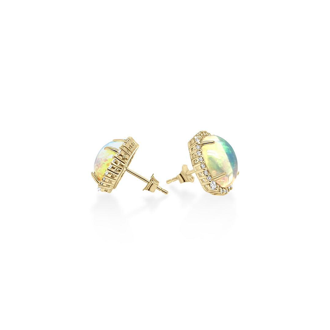 5.83 Cts White Opal and White Diamond Center Design Stud Earring in 14K Yellow Gold