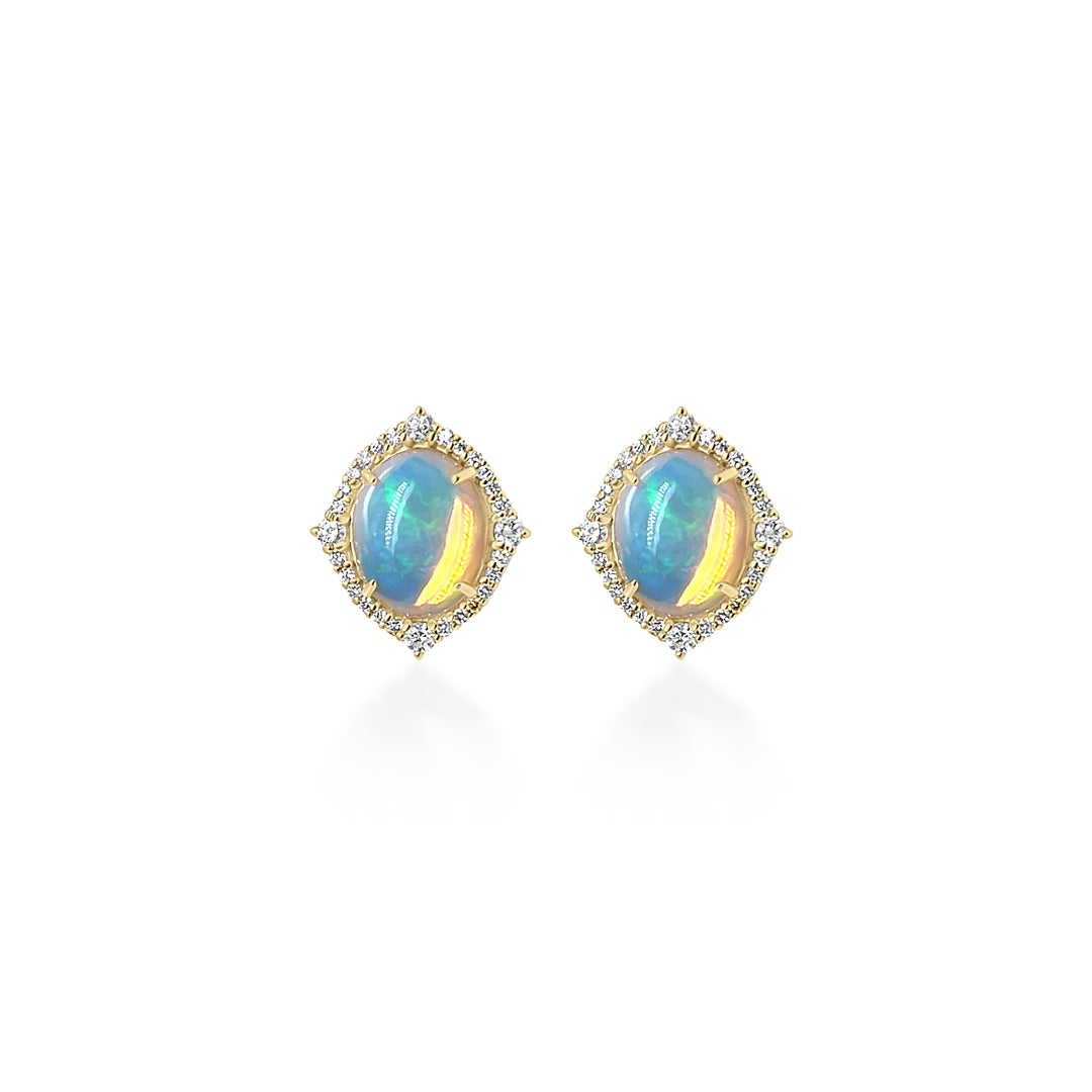 4.51 Cts White Opal and White Diamond Center Design Stud Earring in 14K Yellow Gold