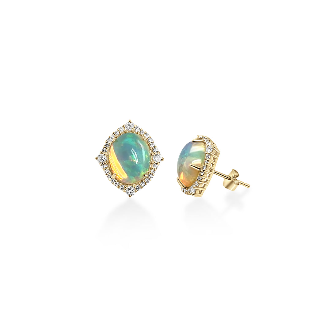 4.51 Cts White Opal and White Diamond Center Design Stud Earring in 14K Yellow Gold