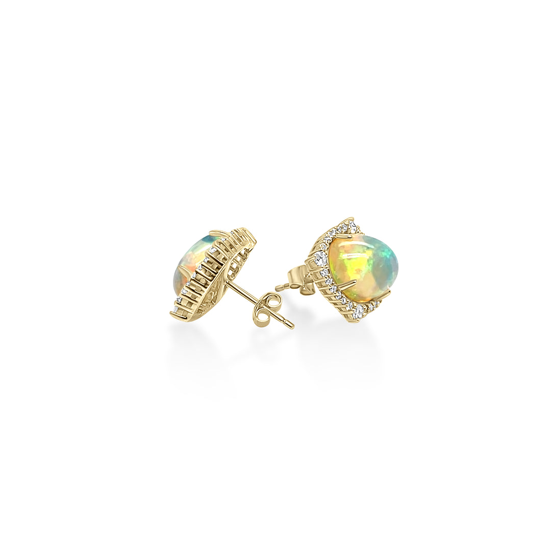 4.51 Cts White Opal and White Diamond Center Design Stud Earring in 14K Yellow Gold