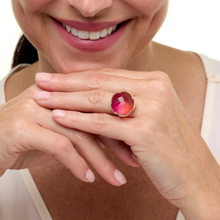 15.66 Cts Sunset BiColor Quartz Ring in 14K Yellow Gold Over Brass