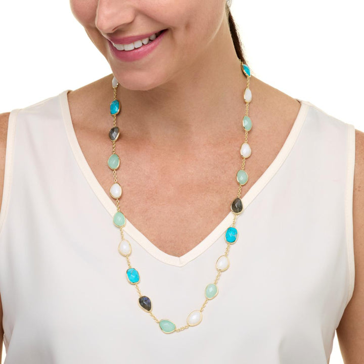 29.01 Cts Multi Gemstone  Necklace in 14K Yellow Gold Over Brass