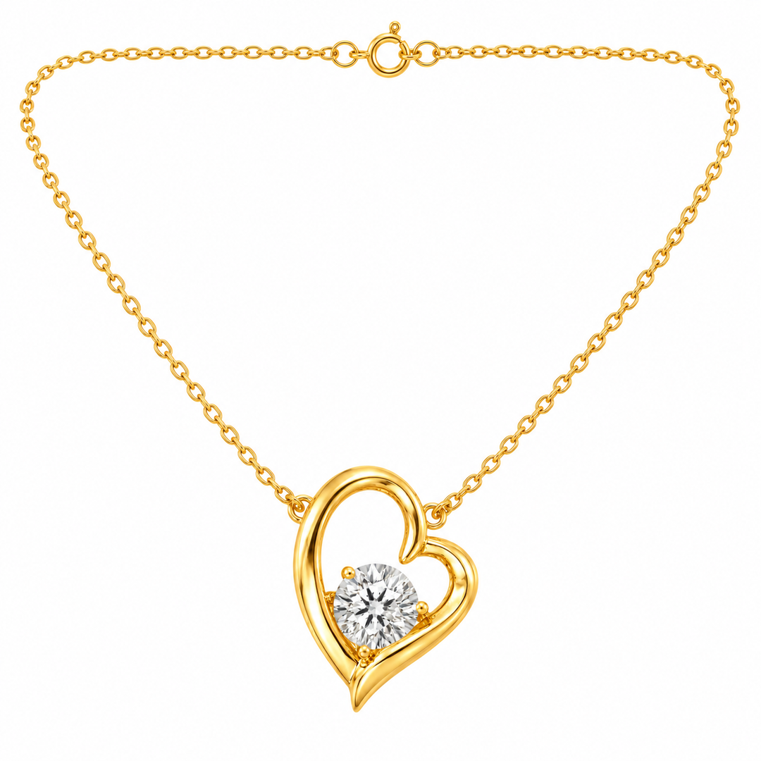 1.00 DEW Round Shape Moissanite Heart Pendant in 925 Yellow Gold