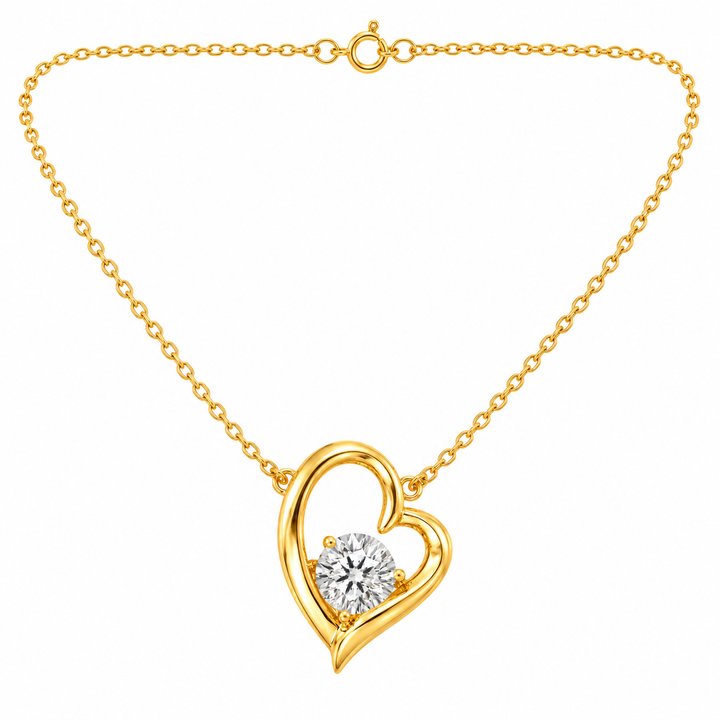 1.00 DEW Round Shape Moissanite Heart Pendant in 925 Yellow Gold