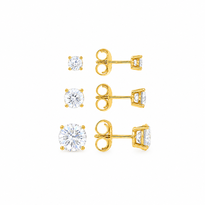 4.06 DEW Round Shape Moissanite Solitaire Earring 3-Pair Set in 925 Yellow Gold Plated