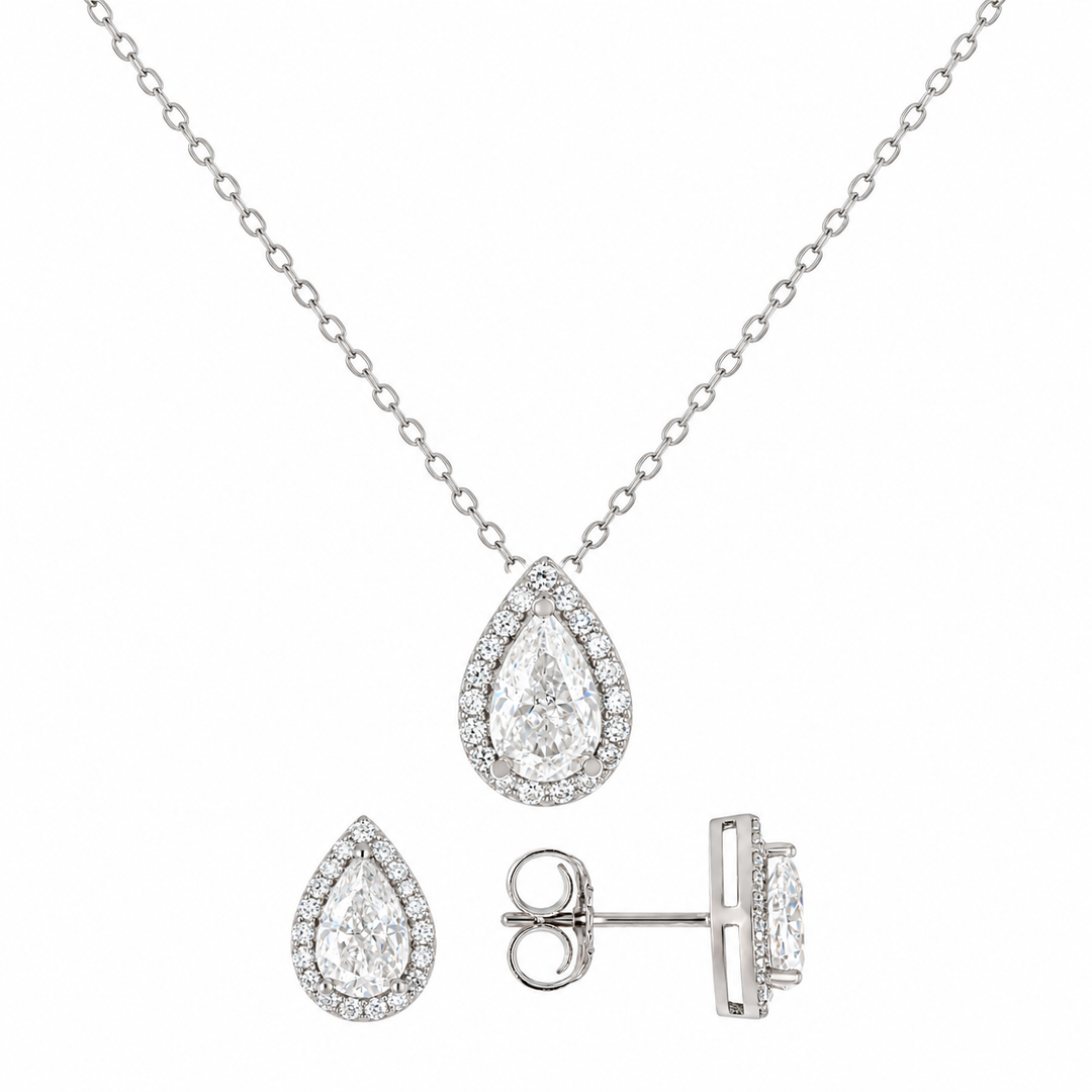 3.60 DEW Pear Shape Moissanite Earring and Pendant Set in 925 Platinum Plated