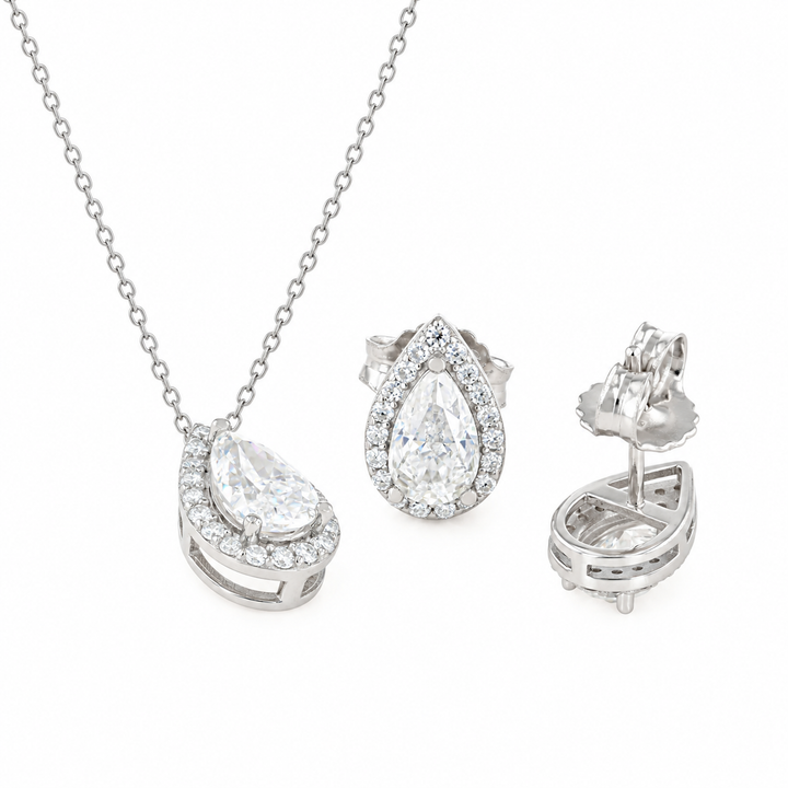 3.60 DEW Pear Shape Moissanite Earring and Pendant Set in 925 Platinum Plated
