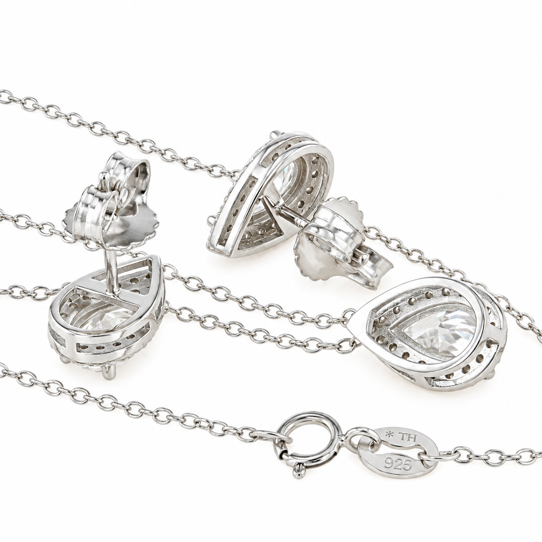 3.60 DEW Pear Shape Moissanite Earring and Pendant Set in 925 Platinum Plated