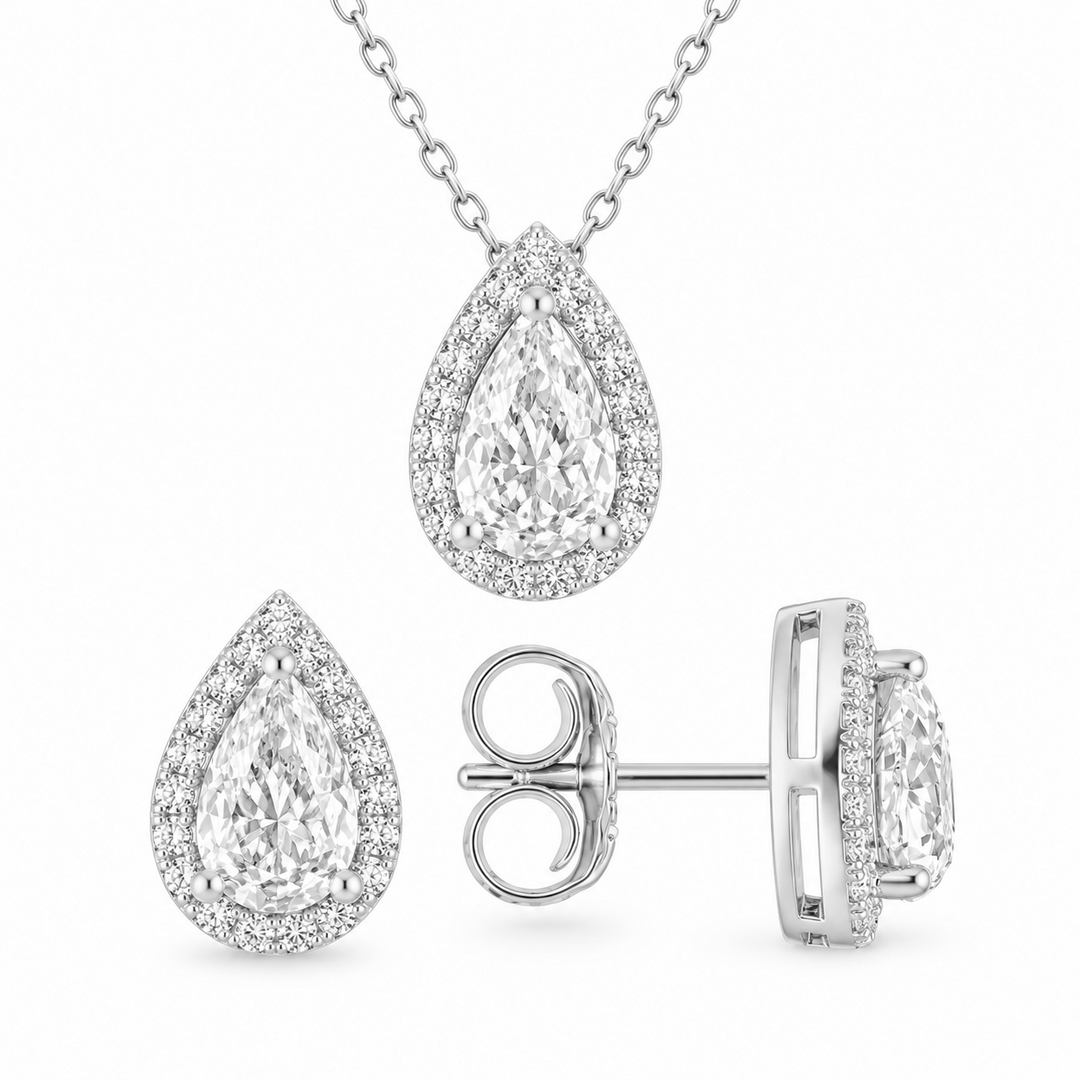 3.60 DEW Pear Shape Moissanite Earring and Pendant Set in 925 Platinum Plated