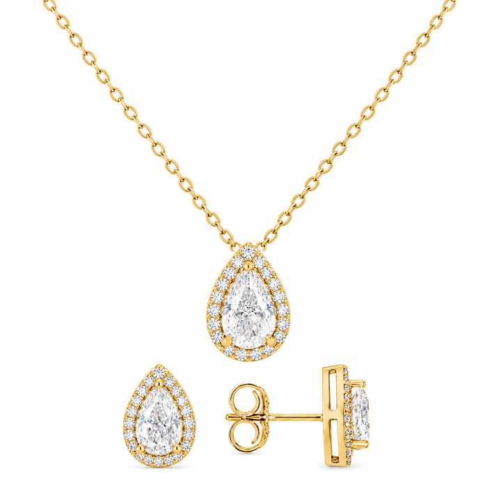 3.60 DEW Pear Shape Moissanite Earring and Pendant Set in 925 Yellow Gold Plated