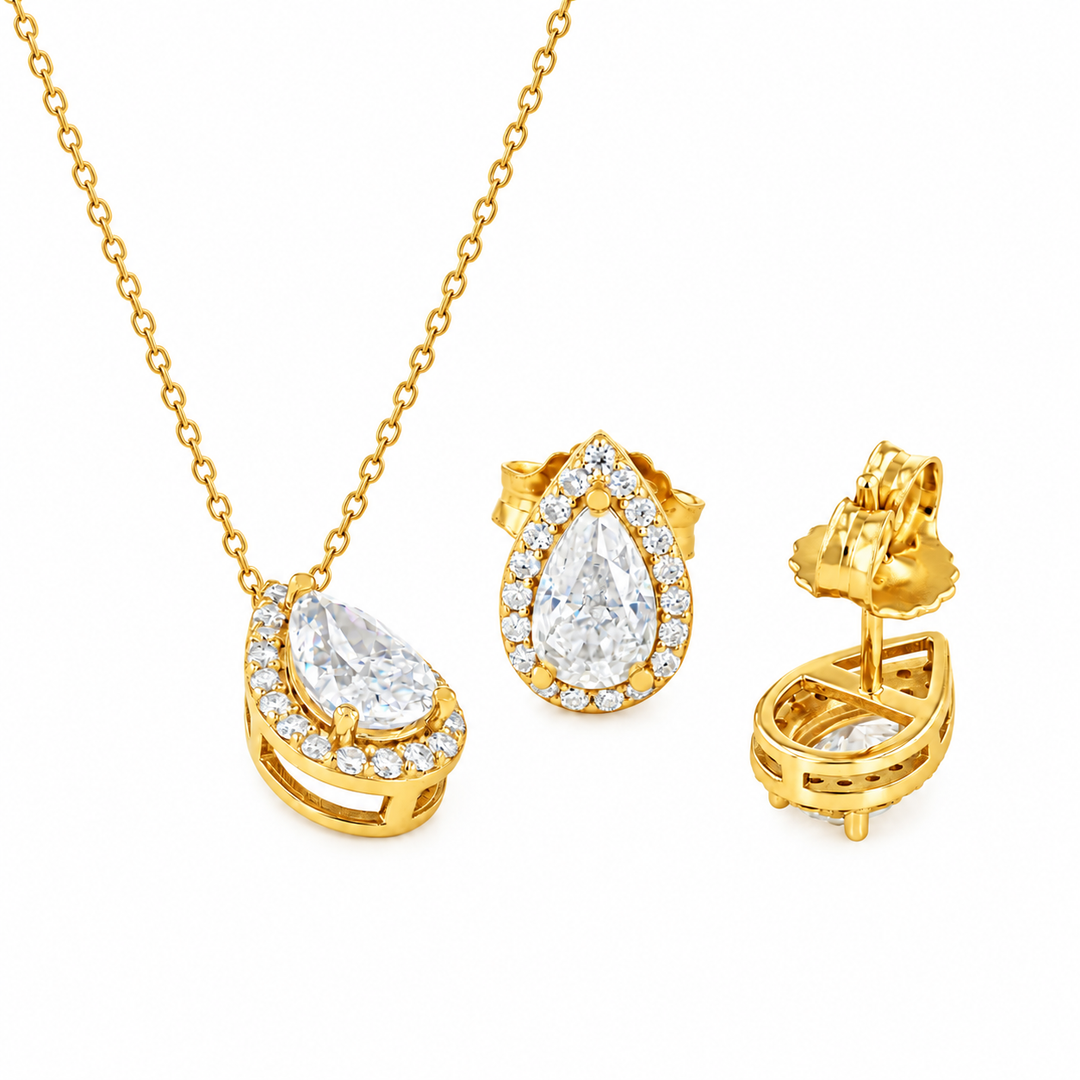 3.60 DEW Pear Shape Moissanite Earring and Pendant Set in 925 Yellow Gold Plated