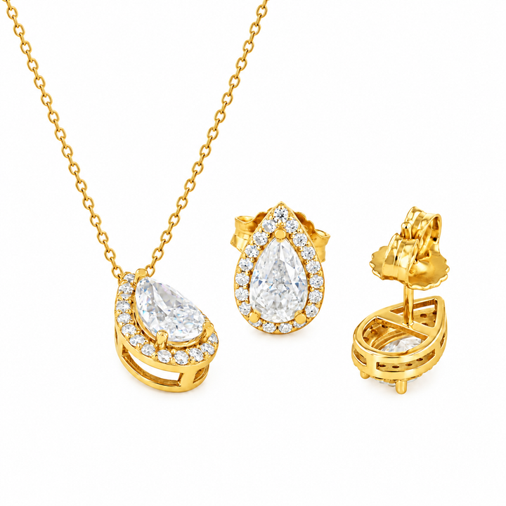 3.60 DEW Pear Shape Moissanite Earring and Pendant Set in 925 Yellow Gold Plated