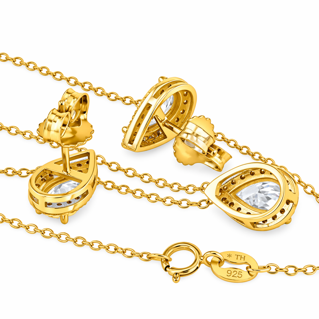 3.60 DEW Pear Shape Moissanite Earring and Pendant Set in 925 Yellow Gold Plated