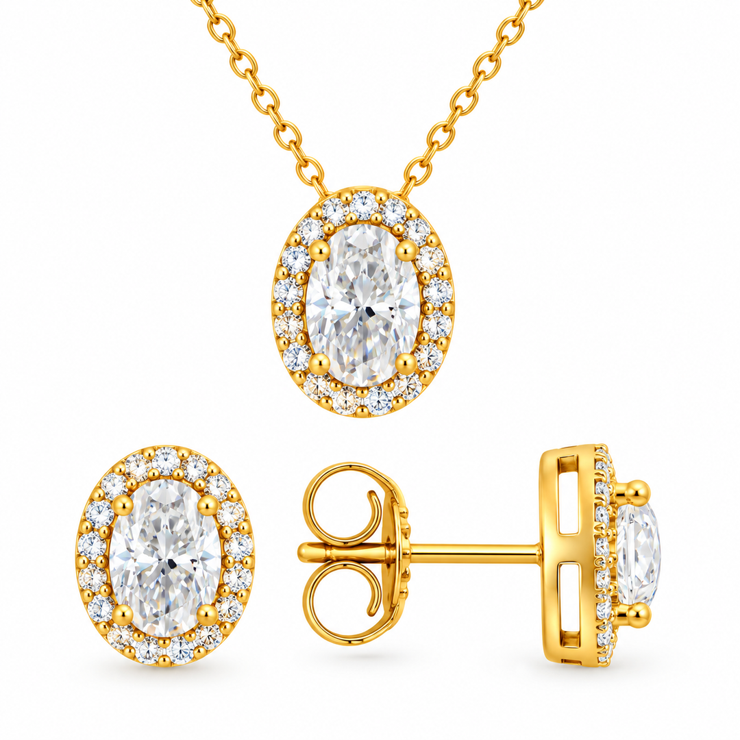 3.60 DEW Oval Shape Moissanite Earring and Pendant set in 925 Yellow Gold Plated