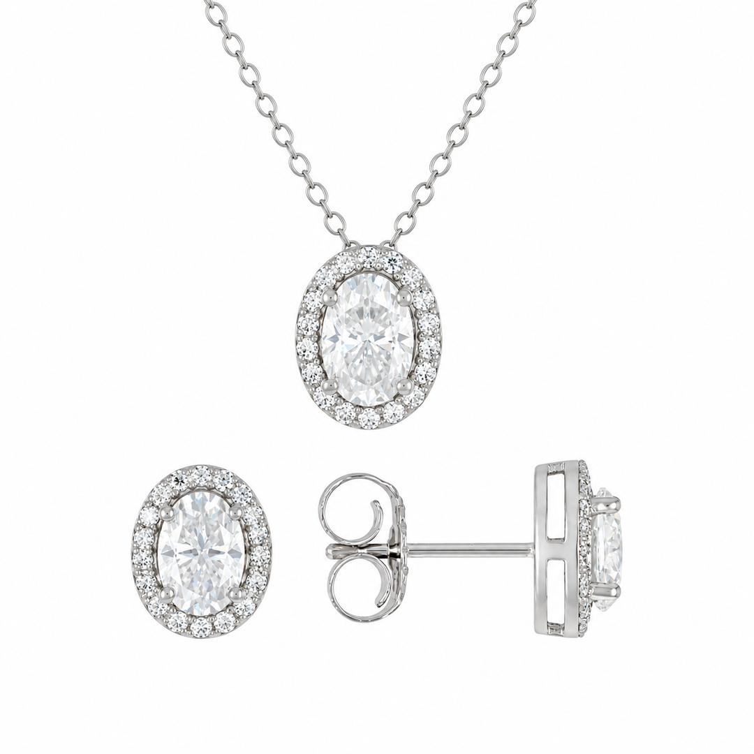 3.60 DEW Oval Shape Moissanite Earring and Pendant set in 925 Platinum Plated