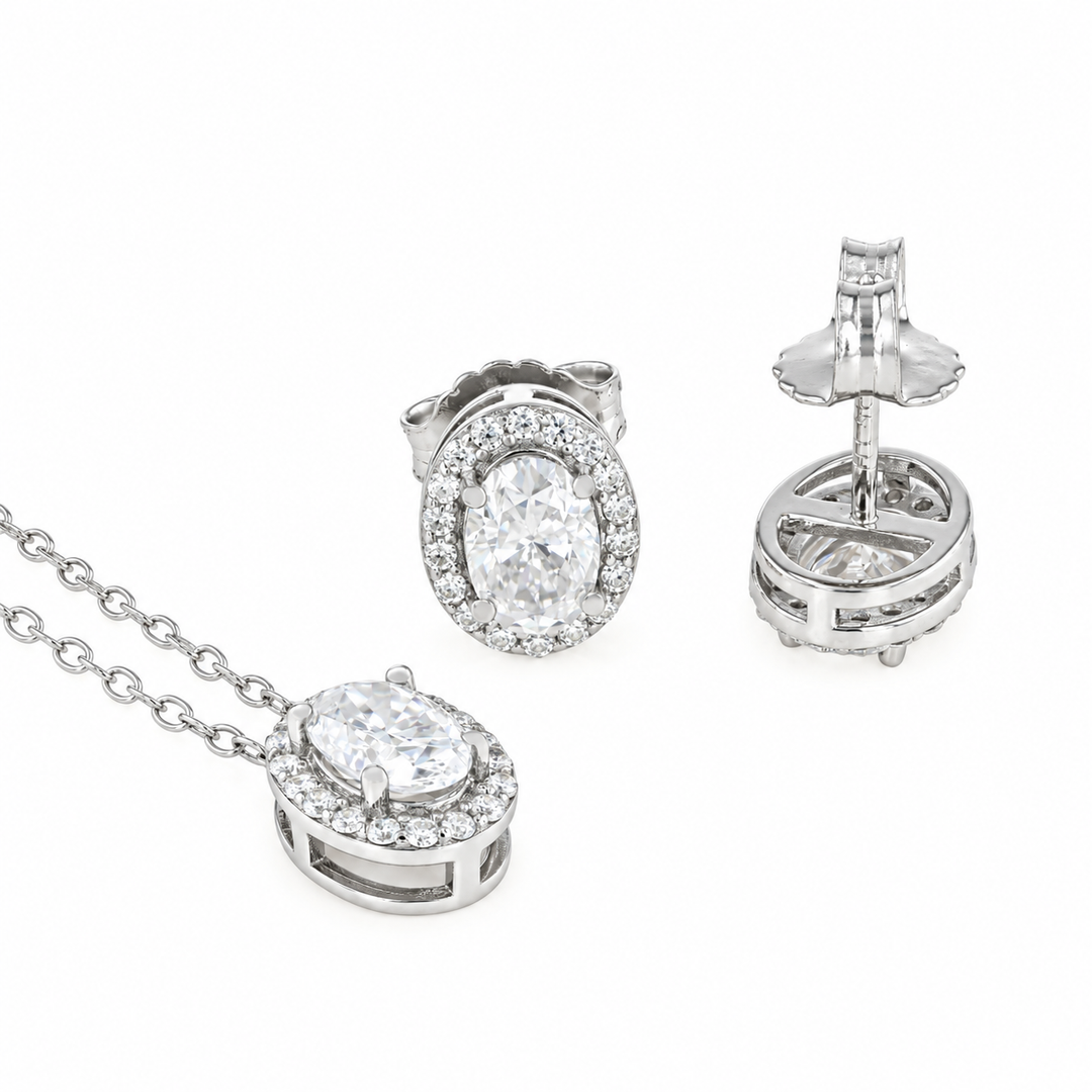 3.60 DEW Oval Shape Moissanite Earring and Pendant set in 925 Platinum Plated