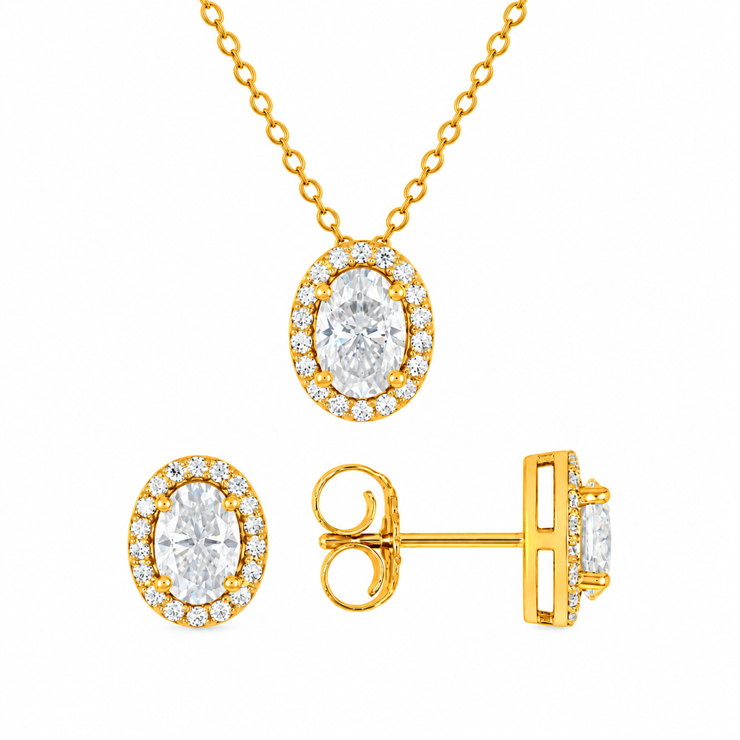 3.60 DEW Oval Shape Moissanite Earring and Pendant set in 925 Yellow Gold Plated