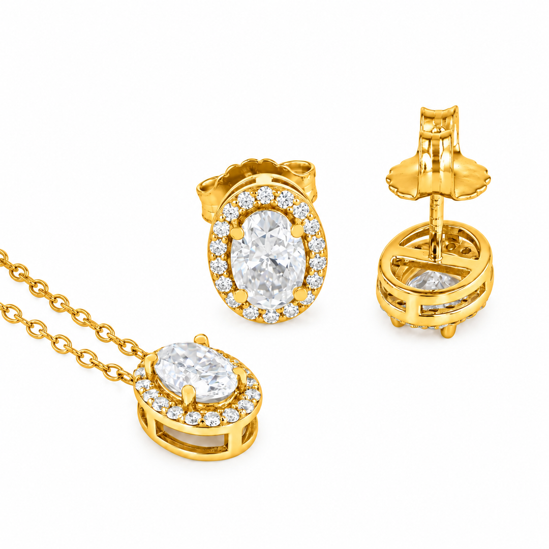 3.60 DEW Oval Shape Moissanite Earring and Pendant set in 925 Yellow Gold Plated