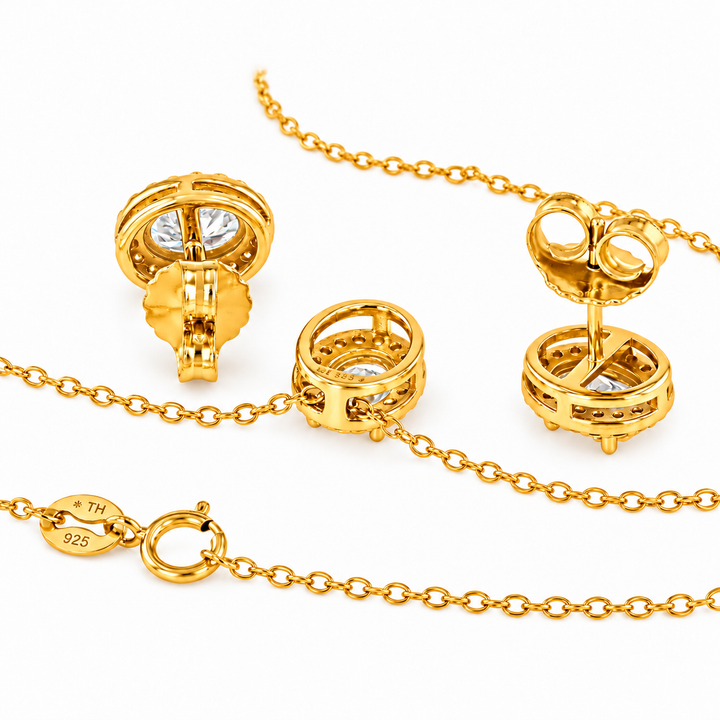 3.60 DEW Oval Shape Moissanite Earring and Pendant set in 925 Yellow Gold Plated