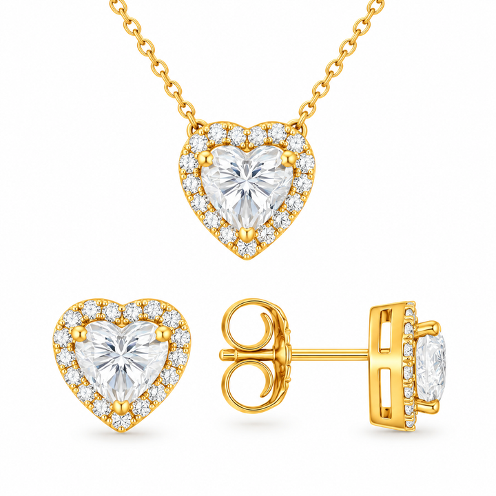 3.20 DEW Heart Shape Moissanite Earring and Pendant Set in 925 Yellow Gold Plated
