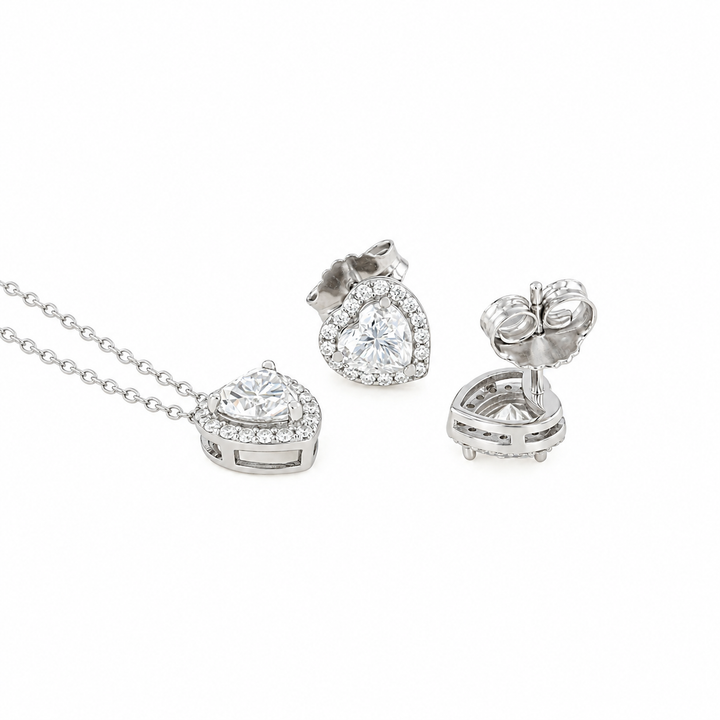 3.20 DEW Heart Shape Moissanite Earring and Pendant Set in 925 Platinum Plated