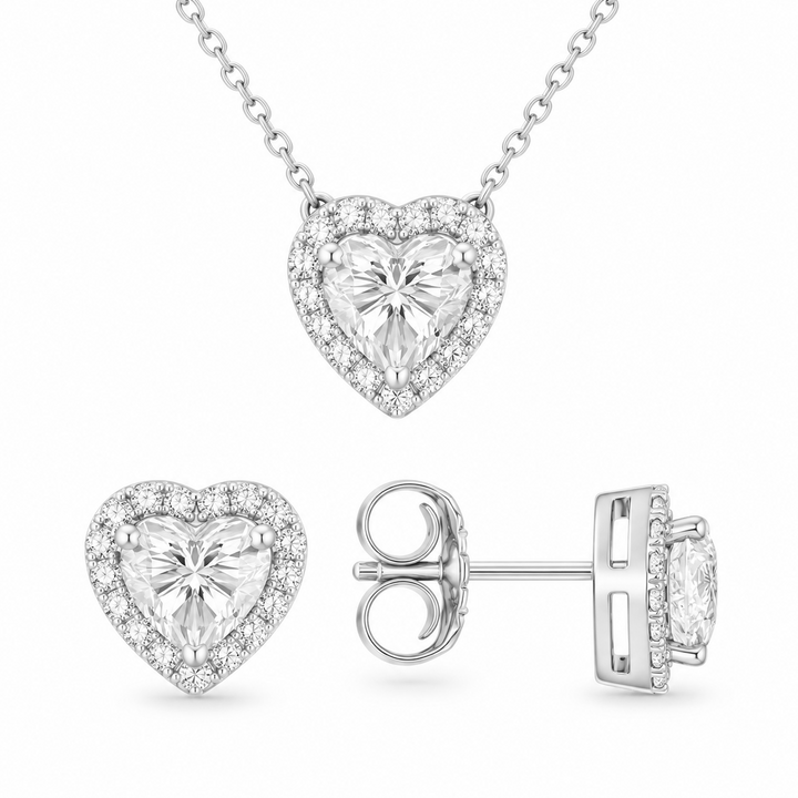 3.20 DEW Heart Shape Moissanite Earring and Pendant Set in 925 Platinum Plated