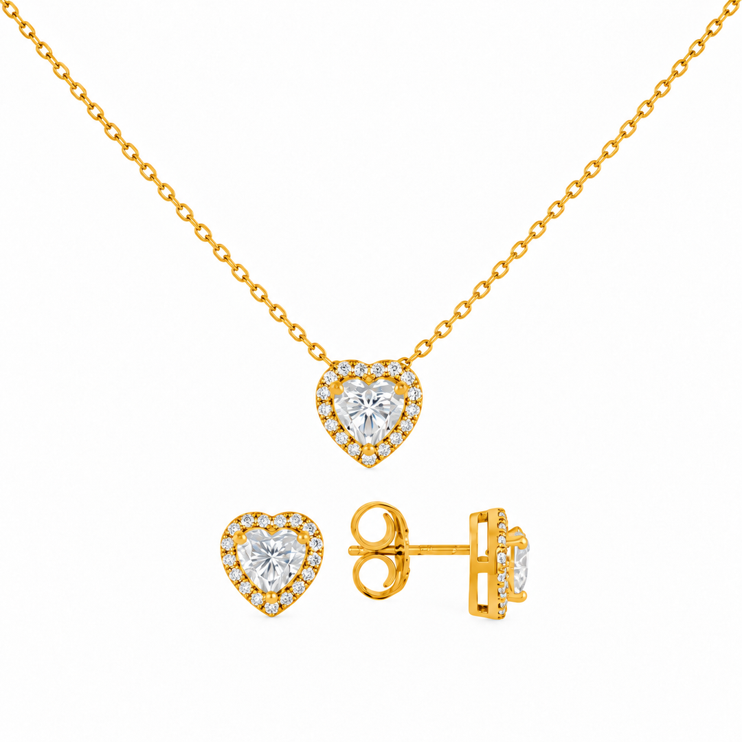 3.20 DEW Heart Shape Moissanite Earring and Pendant Set in 925 Yellow Gold Plated