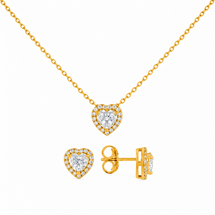 3.20 DEW Heart Shape Moissanite Earring and Pendant Set in 925 Yellow Gold Plated