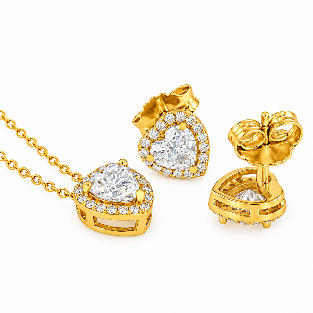 3.20 DEW Heart Shape Moissanite Earring and Pendant Set in 925 Yellow Gold Plated