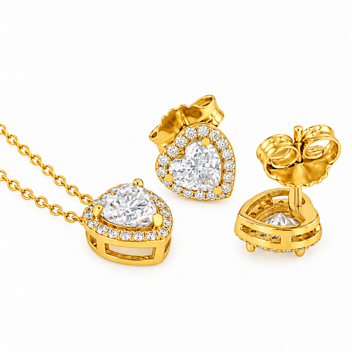 3.20 DEW Heart Shape Moissanite Earring and Pendant Set in 925 Yellow Gold Plated