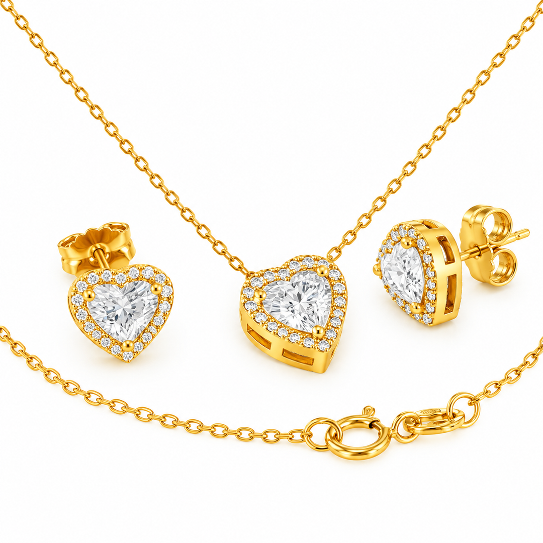 3.20 DEW Heart Shape Moissanite Earring and Pendant Set in 925 Yellow Gold Plated
