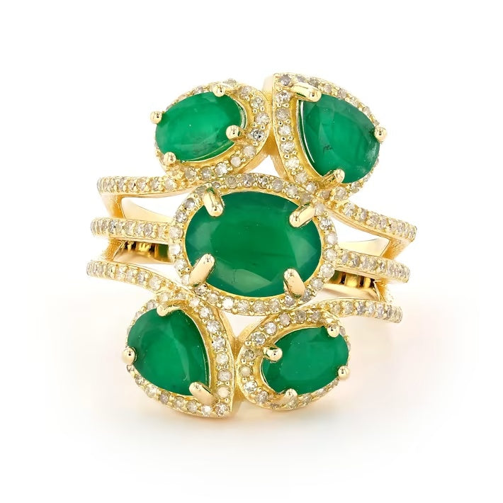 3.53 Cts Emerald and White Diamond Ring in Yellow Gold Plated Sterling Silver