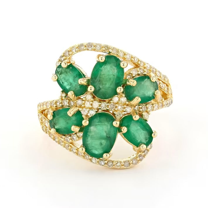 3.10 Cts Emerald and White Diamond Ring in Yellow Gold Plated Sterling Silver