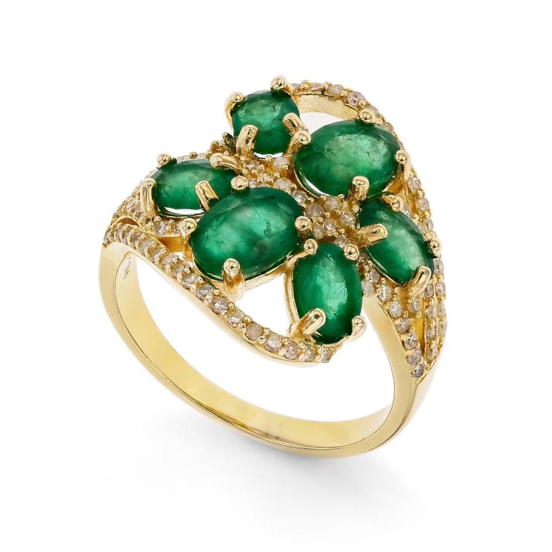 3.10 Cts Emerald and White Diamond Ring in Yellow Gold Plated Sterling Silver