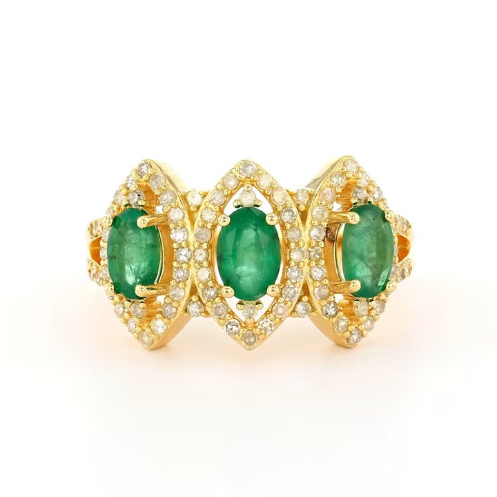 1.20 Cts Emerald and White Diamond Ring in Yellow Gold Plated Sterling Silver