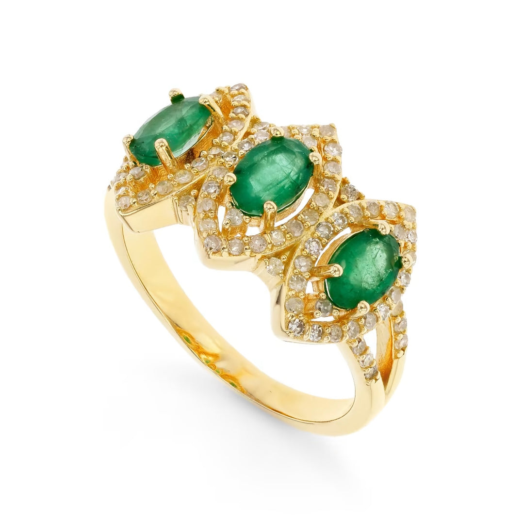 1.20 Cts Emerald and White Diamond Ring in Yellow Gold Plated Sterling Silver