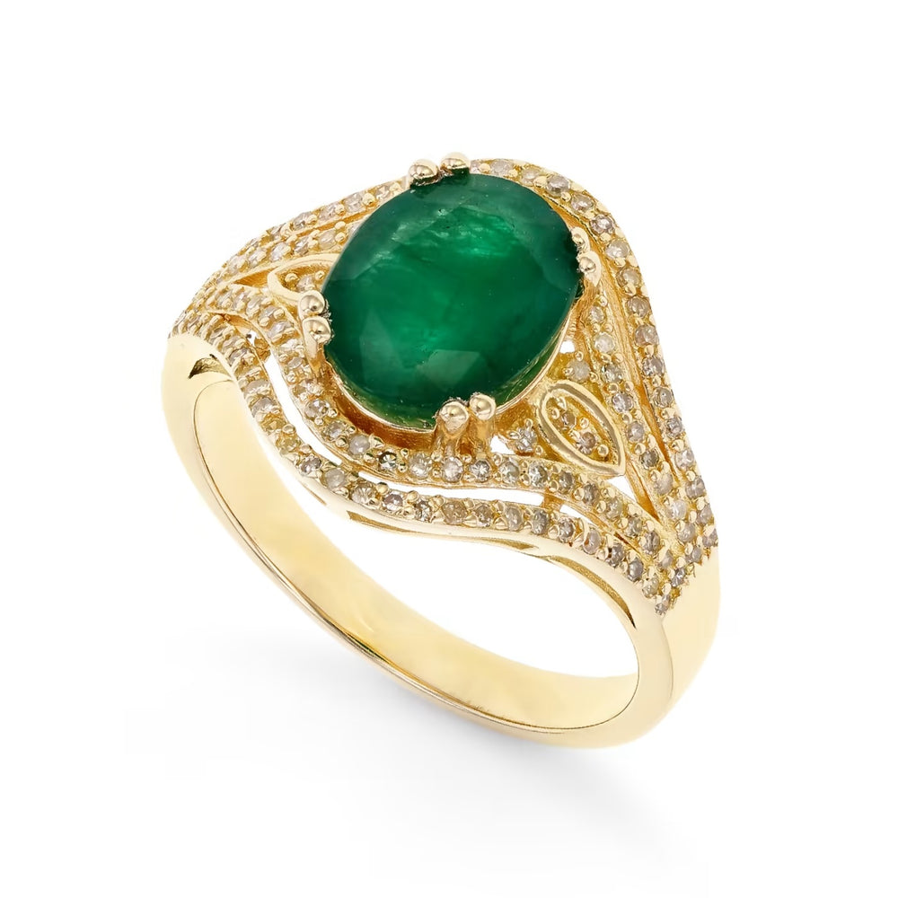 2.44 Cts Emerald and White Diamond Ring in Yellow Gold Plated Sterling Silver