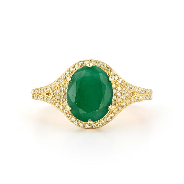 2.31 Cts Emerald and White Diamond Ring in Yellow Gold Plated Sterling Silver