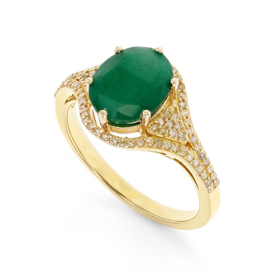 2.31 Cts Emerald and White Diamond Ring in Yellow Gold Plated Sterling Silver