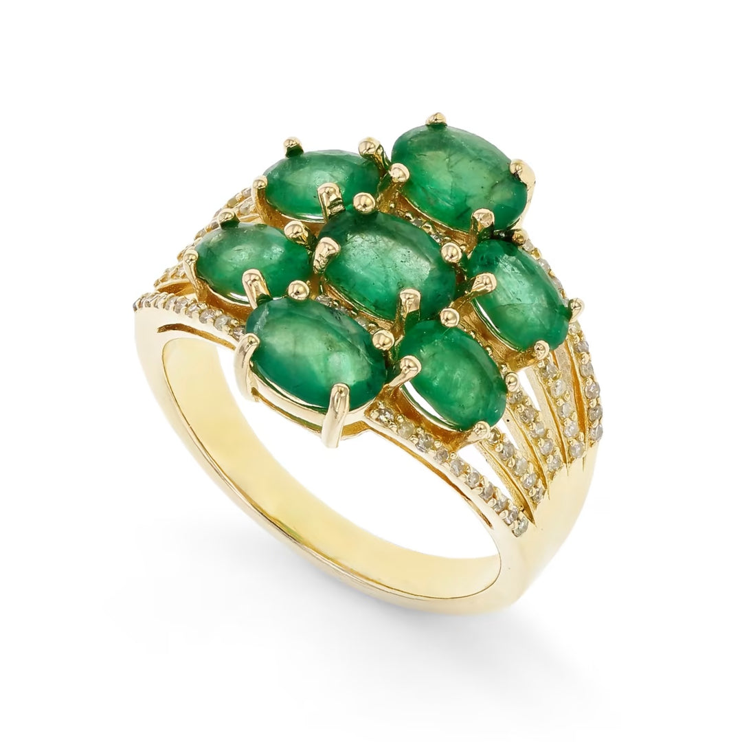 4.40 Cts Emerald and White Diamond Ring in Yellow Gold Plated Sterling Silver