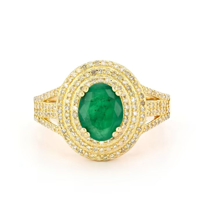 1.68 Cts Emerald and White Diamond Ring in Yellow Gold Plated Sterling Silver