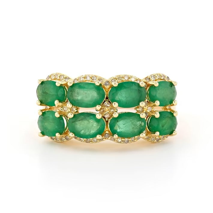 3.28 Cts Emerald and White Diamond Ring in Yellow Gold Plated Sterling Silver