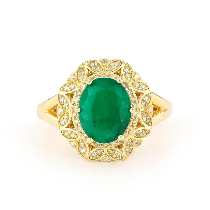 2.73 Cts Emerald and White Diamond Ring in Yellow Gold Plated Sterling Silver