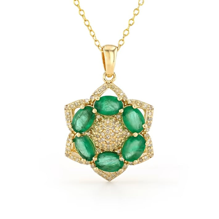 2.30 Cts Emerald and White Diamond Pendant in Yellow Gold Plated Sterling Silver