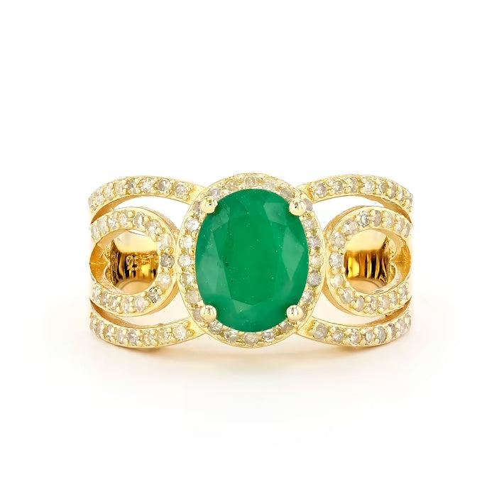 1.77 Cts Emerald and White Diamond Ring in Yellow Gold Plated Sterling Silver