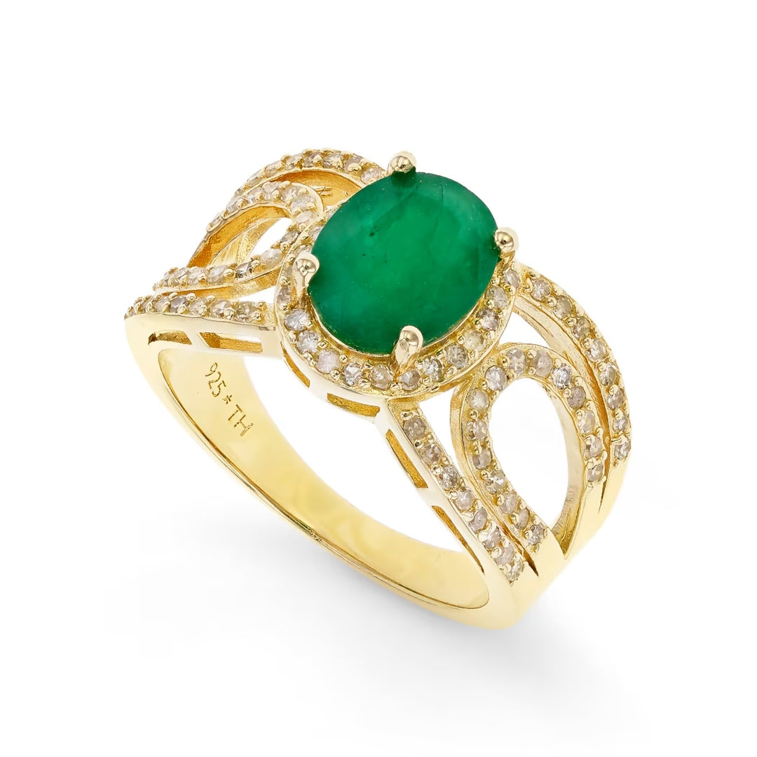 1.77 Cts Emerald and White Diamond Ring in Yellow Gold Plated Sterling Silver